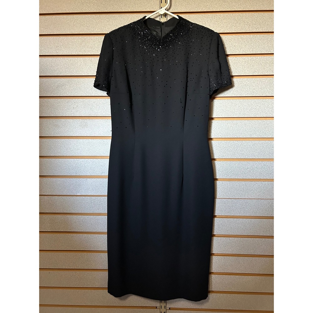 Donna Morgan Black Beaded Sheath Dress Faux Button Back Size 6 Evening Formal